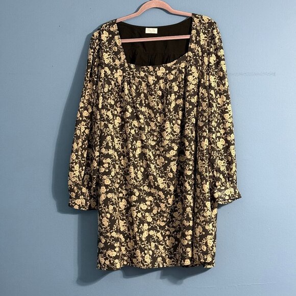 Pink Lilly Square Neck 3X Black Ran Floral Long Sleeve Dress Lined - Picture 1 of 7